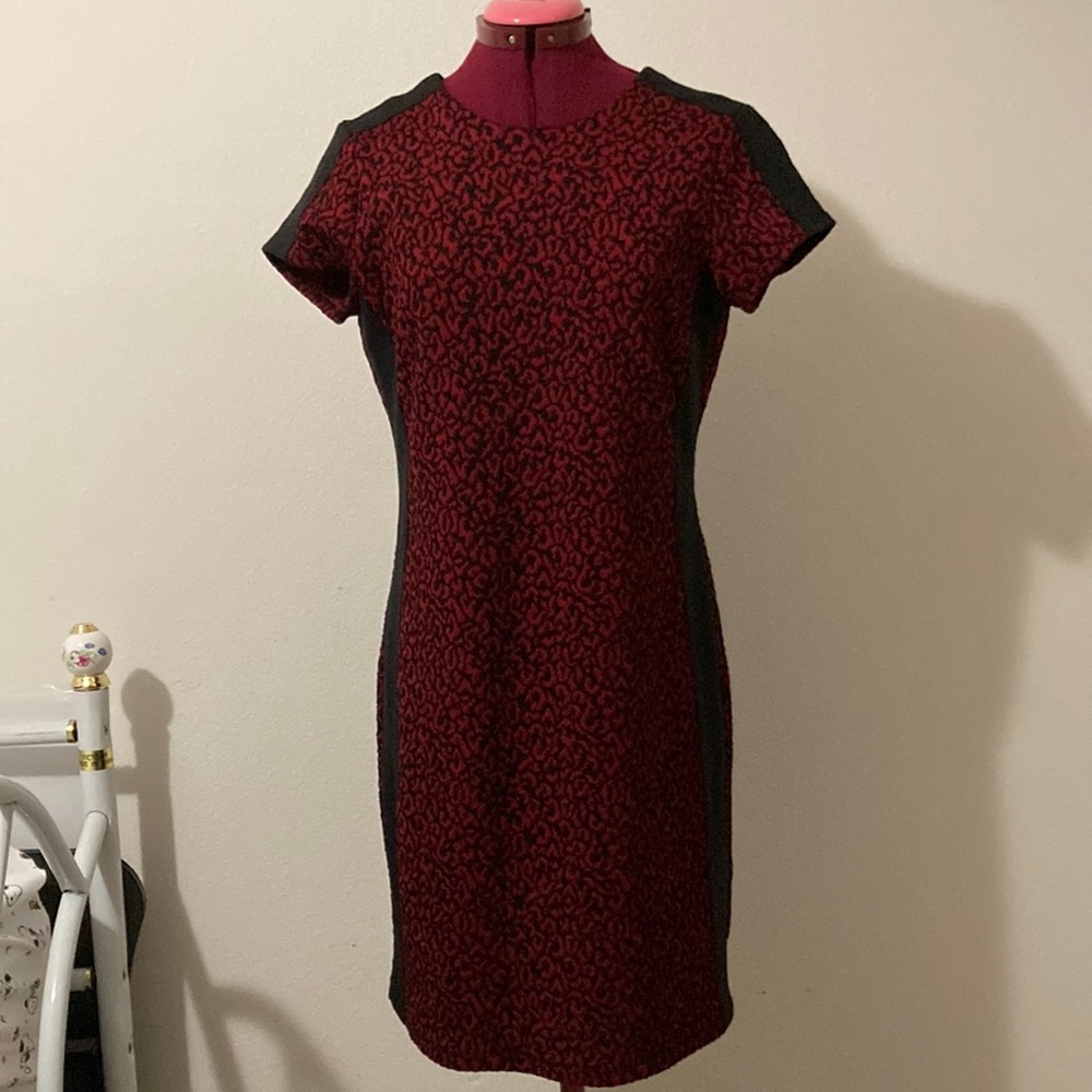 Karen Kane Size M black & red dress with faux leather side panels. Made in USA